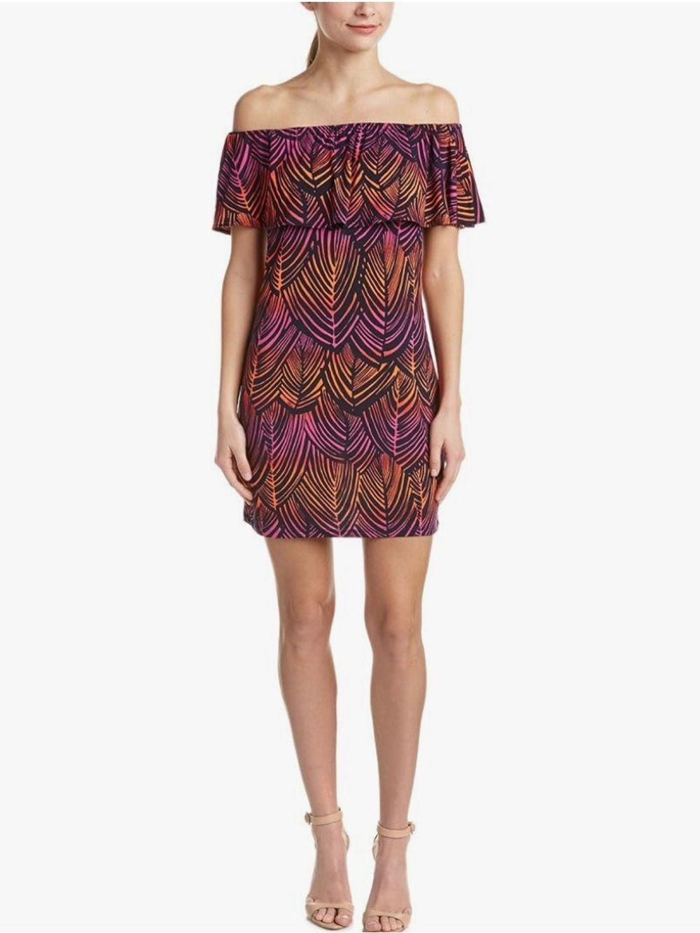 Trina by Trina Turk Off-Shoulder Ruffle Dress Ombré Leaf Print Size Small